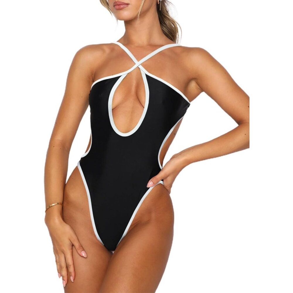 Women's Black and White Sexy Criss Cross Halter Bathing Suit Cut Out Monokini